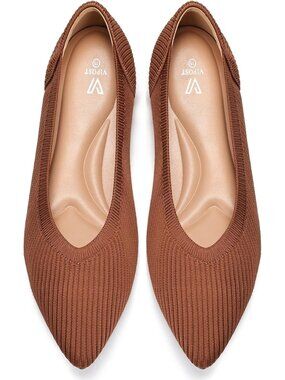 Women's Brown Pointed Toe Comfort Foldable Slip On Dressy Knit Ballet Flat Shoes